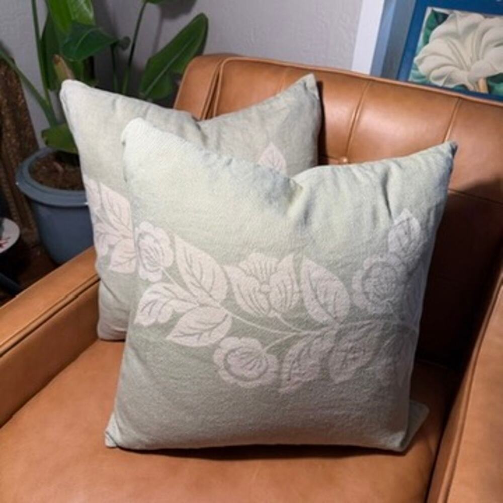 Crate & Barrel Woven Floral Down Pillows 18x18 Pair